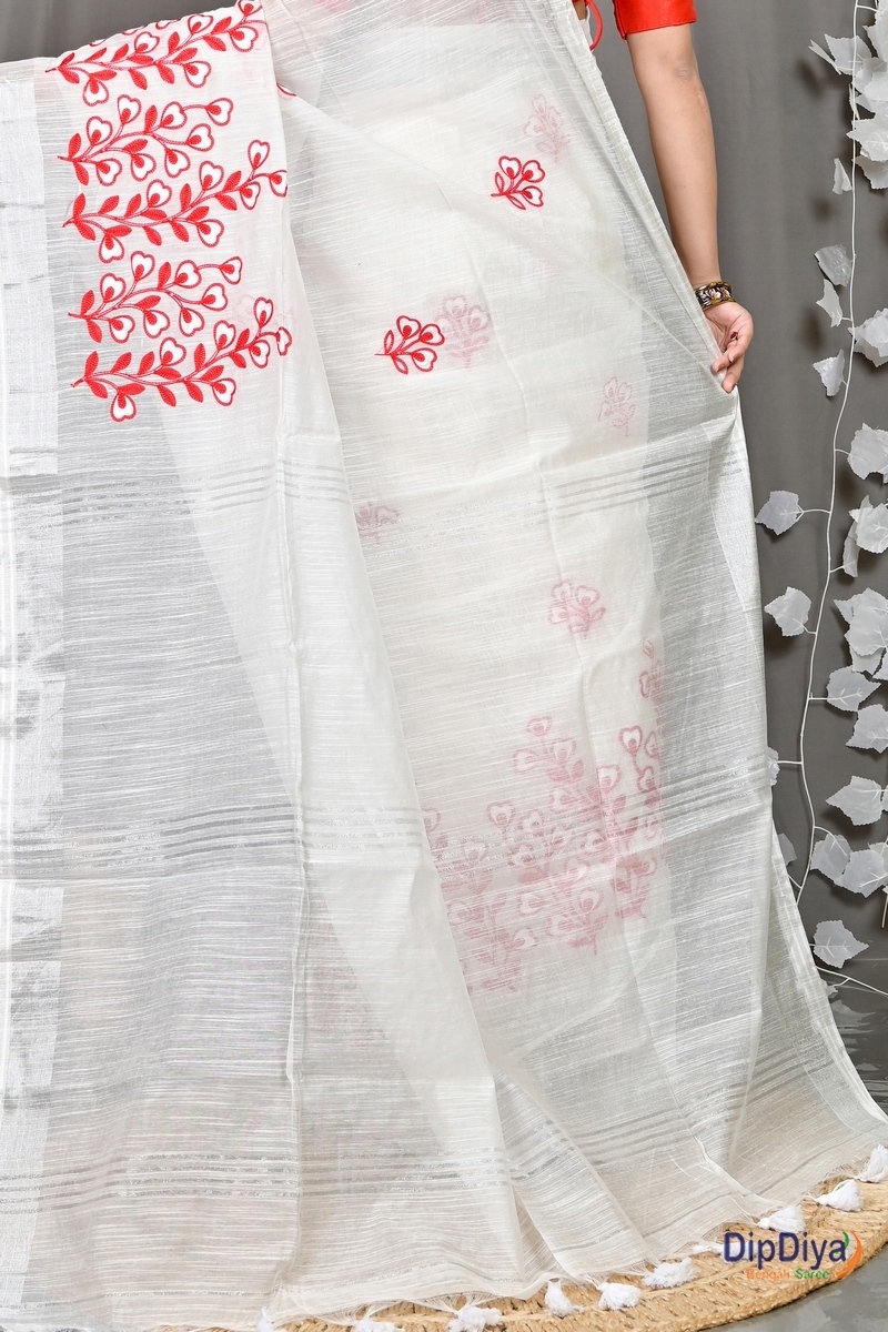 White Cotton Blended Paroni Embroidery Handloom saree (493)